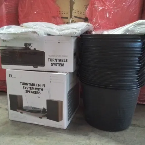 PALLET CONTAINING VARIOUS ASSORTED BOXED HOUSEHOLD ITEMS TO INCLUDE: TURNTABLE HI-FI SYSTEM, TURNTABLE, HEAVY DUTY BUCKETS, KIDS SCOOTER, BLUE ROLL AND LOTS MORE UNMARKED BOXED ITEMS