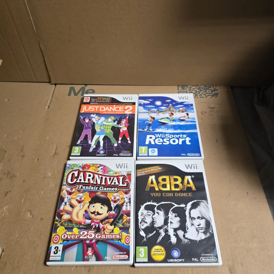 4 X ASSORTED WII GAMES INCLUDING JUST DANCE 2 AND WII SPORTS RESORT 