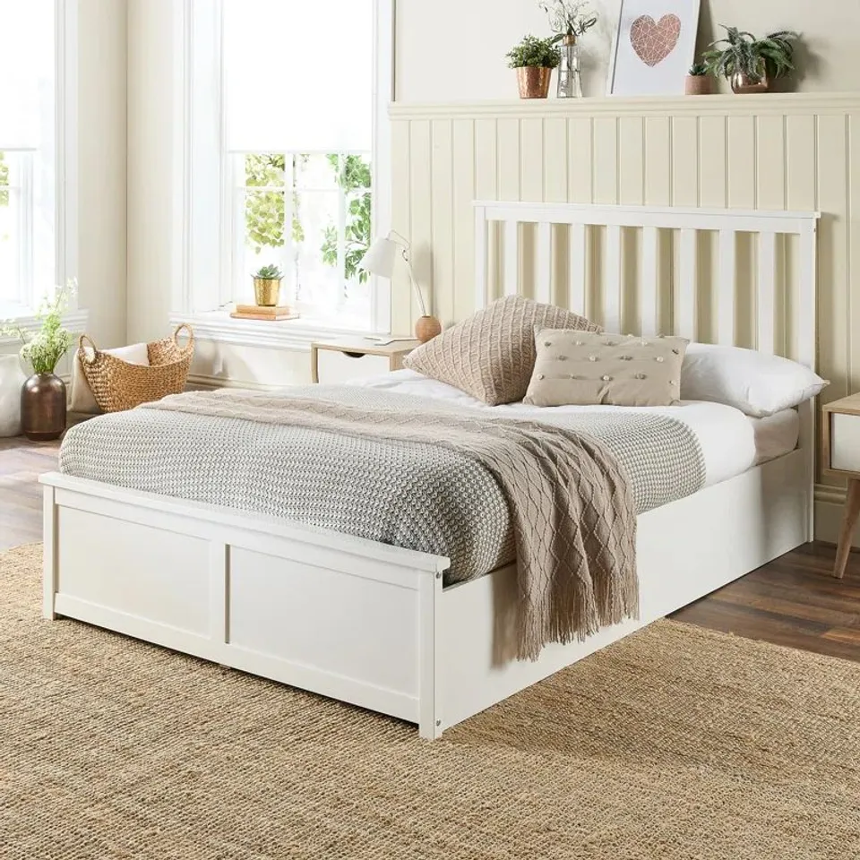 BOXED ALLIVIAH WOODEN OTTOMAN BED - SHAKER STYLE SOLID WOOD STORAGE BED, KING SIZE, WHITE (2 BOXES)