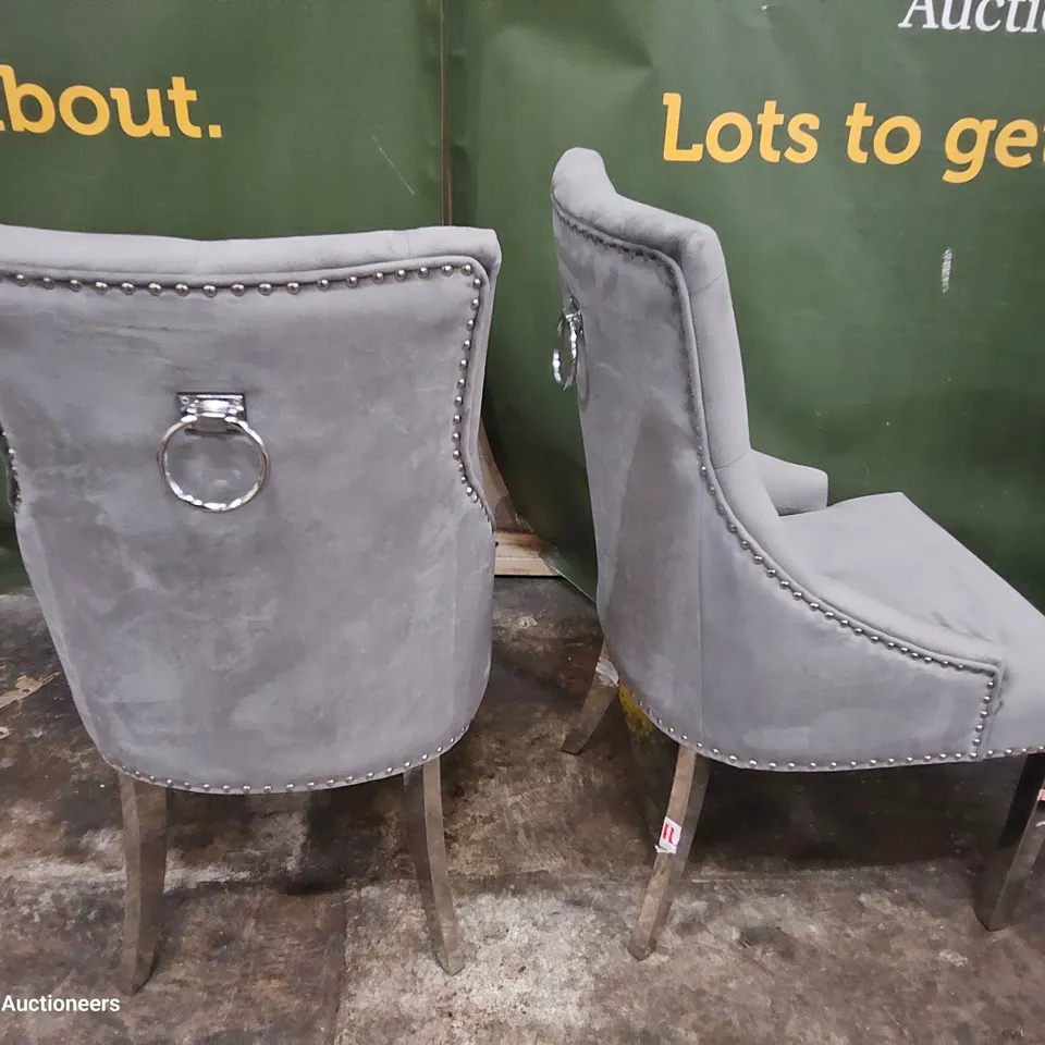 SET OF FOUR UPHOLSTERED RING BACK DINING CHAIRS GREY FABRIC ON CHROME LEGS