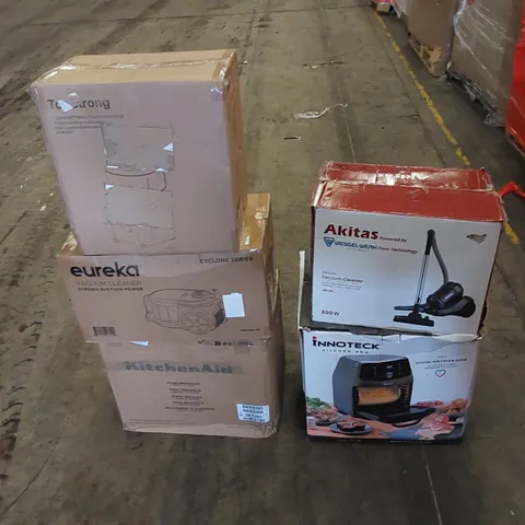 PALLET TO CONTAIN ASSORTED HOUSEHOLD ITEMS AND CONSUMER PRODUCTS. INCLUDES VACUUM CLEANERS, FOOD PROCESSORS, AIR FRYER, WASHING MACHINE RACK, BOXED FURNITURE ETC