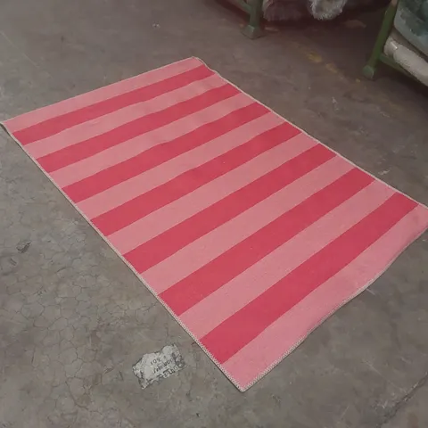 RECTANGULAR STRIPED RUG – PINK AND RED WITH FRINGED EDGES - 170 X 120CM