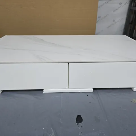 WHITE TWO-DRAWER CABINET WITH FAUX MARBLE TOP