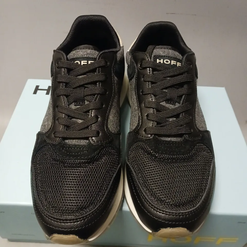 BOXED PAIR OF HOFF READING TRAINERS, BLACK/GREY - UK SIZE 5