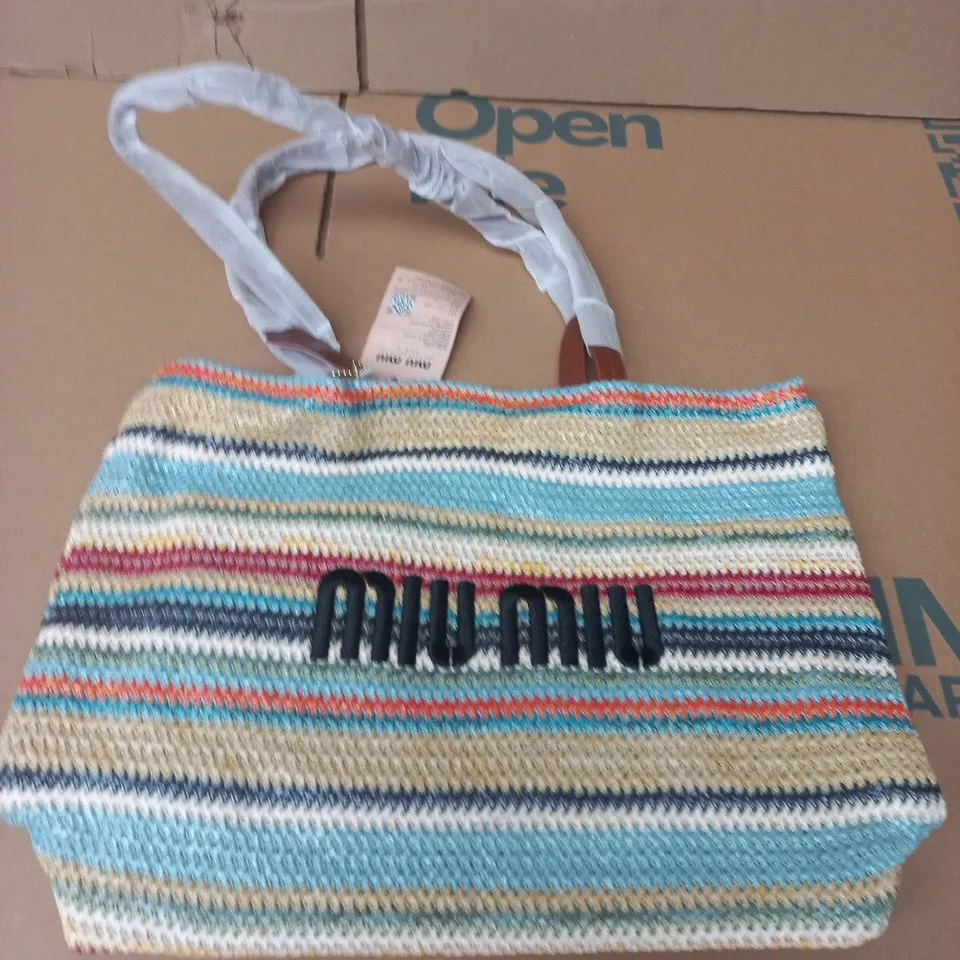 MIU MIU STRIPED STRAW TOTE BAG WITH WHITE HANDLES