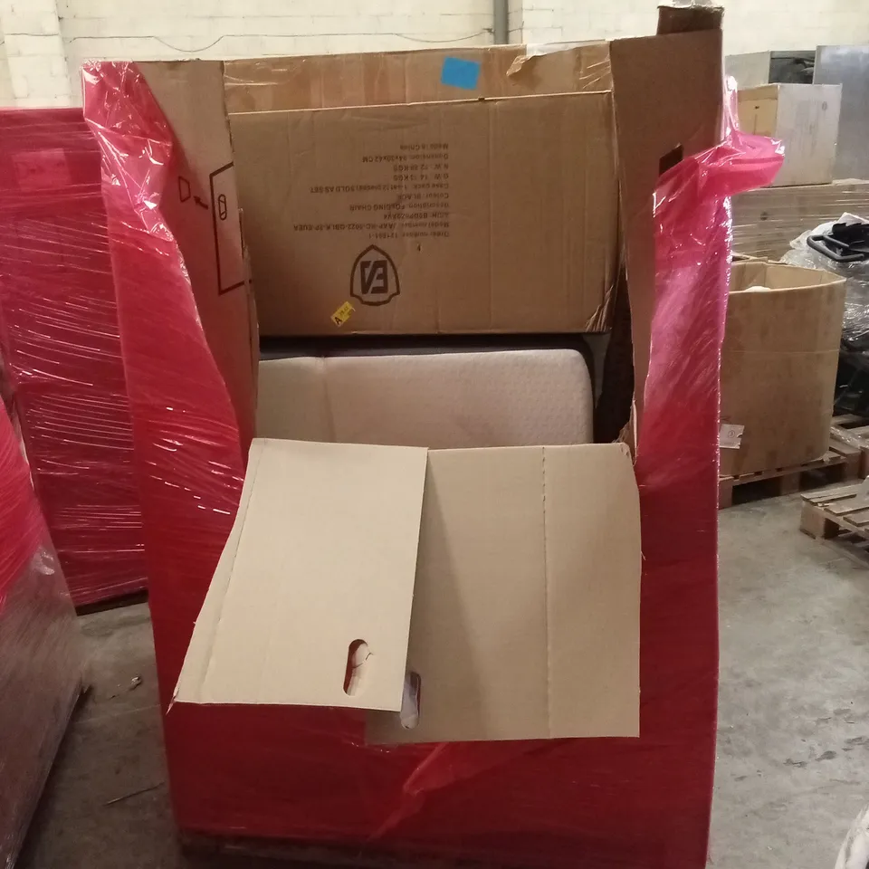 PALLET OF ASSORTED HOUSEHOLD GOODS AND PRODUCTS TO INCLUDE; MATTRESS, FURNITURE, RETRACTABLE GATE ETC