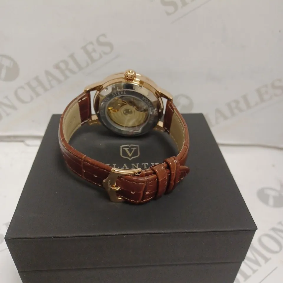 MENS VONLANTHEN AUTOMATIC WATCH – SILVER AND RED TEXTURED DIAL – ROSE GOLD COLOUR CASE - GLASS EXHIBITION BACKCASE – LEATHER STRAP
