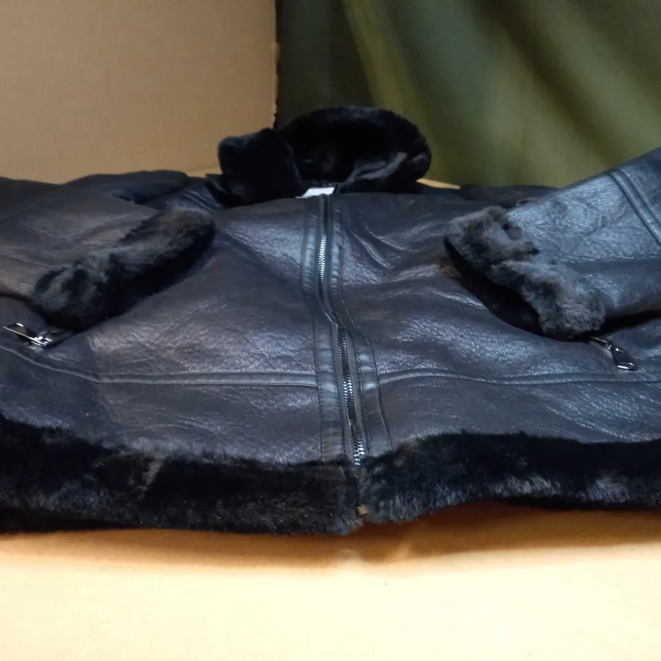 NEW LOOK BLACK LEATHER LOOK FAUX FUR AVIATOR JACKET - SIZE 12