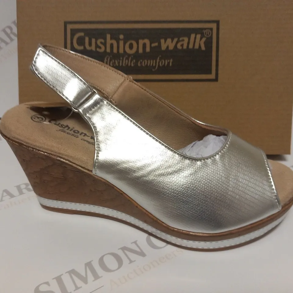 BOXED PAIR OF CUSHION WALK SILVER WEDGE HEELED SHOES - SIZE 3
