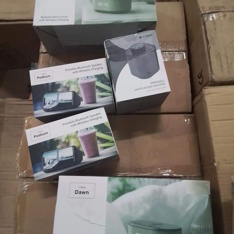 PALLET OF VARIOUS ELECTRICAL AND PLUMBING PARTS AND FITTINGS TO INCLUDE: PORTABLE BLUETOOTH SPEAKERS, WHITE NOISE MACHINE ALARM CLOCKS ETC