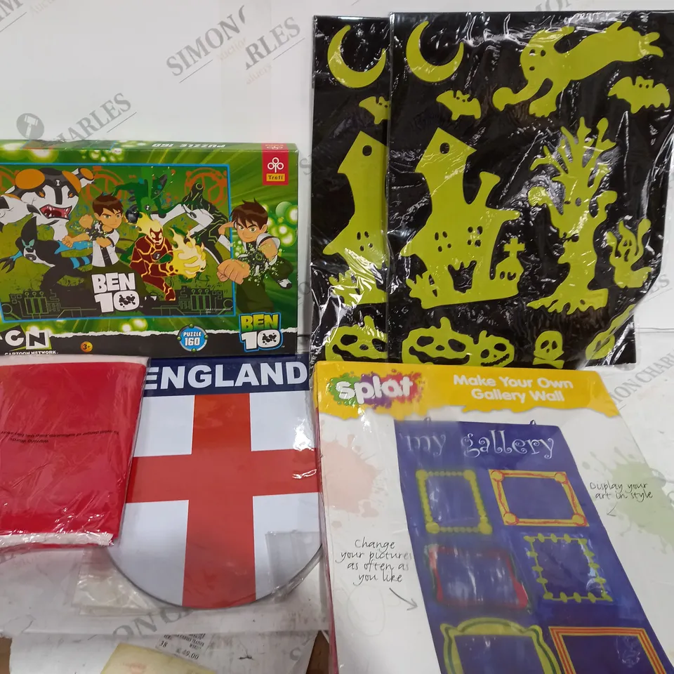 BOX OF APPROXIMATELY 10 ITEMS TO INCLUDE BEN 10 PUZZLE, ENGLAND MAGNETS, ART WALL 