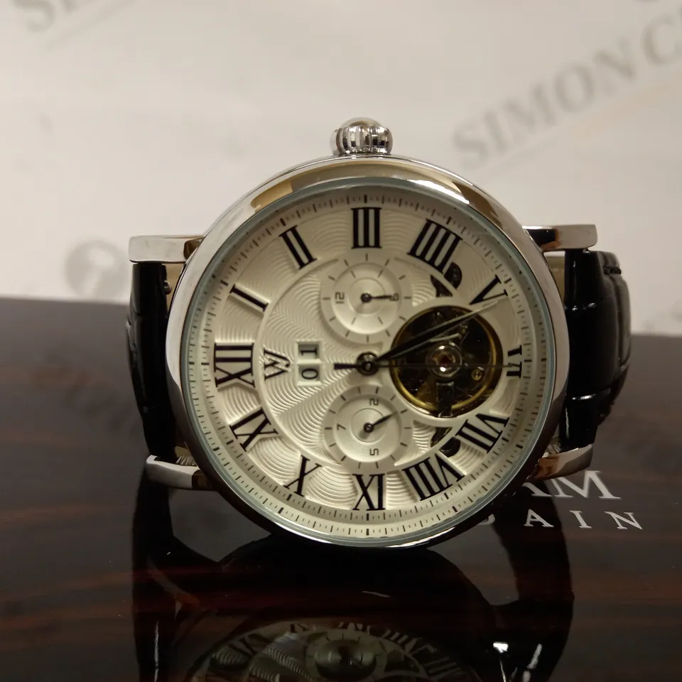 WILLIAM JOURDAIN PART SKELETON WAVE DIAL LEATHER STRAP WATCH