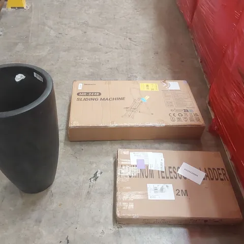PALLET CONTAINING A LARGE QUANTITY OF ASSORTED ITEMS INCLUDING: ALUMINIUM TELESCOPIC LADDER, SLIDING EXERCISE MACHINE, TALL ELHO PLANTER ECT