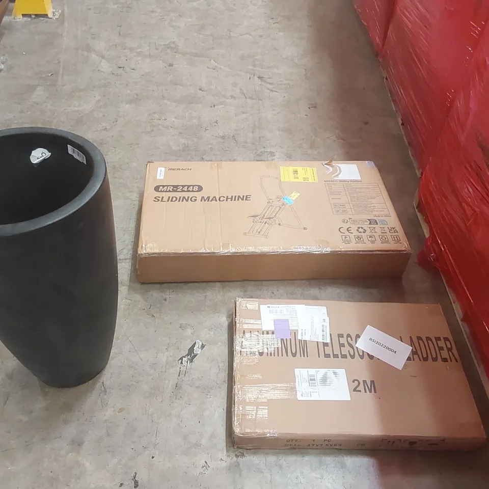 PALLET CONTAINING A LARGE QUANTITY OF ASSORTED ITEMS INCLUDING: ALUMINIUM TELESCOPIC LADDER, SLIDING EXERCISE MACHINE, TALL ELHO PLANTER ECT