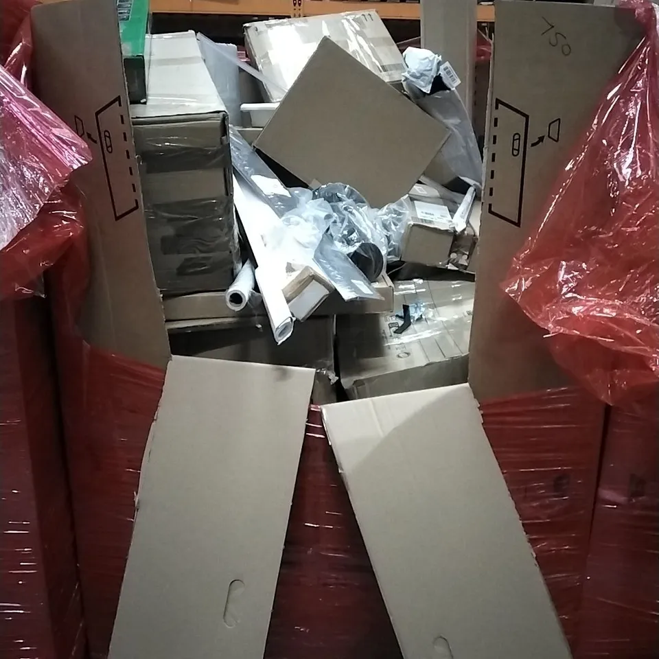 PALLET OF HOUSEHOLD ITEMS TO INCLUDE SPINNING CHAIR, MACERATOR PUMP, STEAM CLEANER, LONG WALL LIGHT AND OTHER ASSORTED ITEMS...