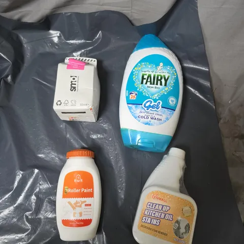 APPROXIMATELY 10 ASSORTED HOUSEHOLD ITEMS TO INCLUDE KITCHEN CLEANER, FAIRY GEL, SMOL WASHING REFILL PACK, ROLLER PAINT ETC