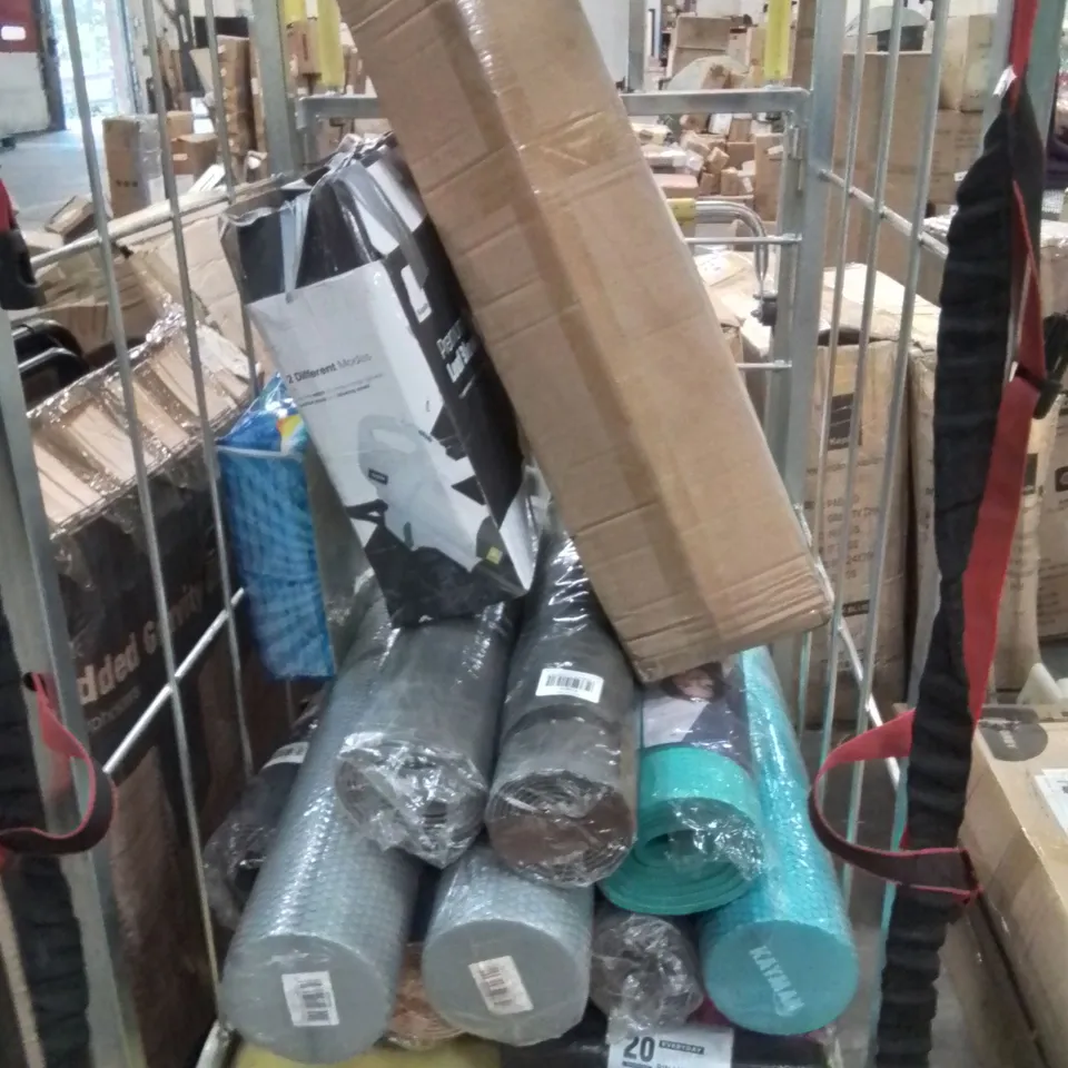 CAGE CONTAINING YOGA MATS, EXERCISE TUBES, BABY'S PLAYPEN AND LEAF BLOWER
