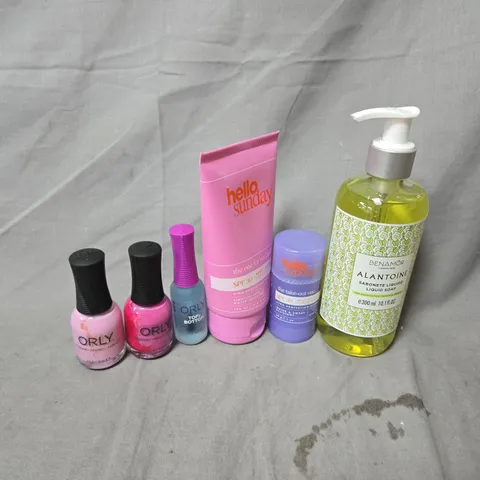 APPROXIMATELY 12 ASSORTED OUT OF DATE COSMETIC PRODUCTS TO INCLUDE ORLY LACQUER, HELLO SUNDAY BODY LOTION, BENAMOR LIQUID SOAP, ETC - COLLECTION ONLY