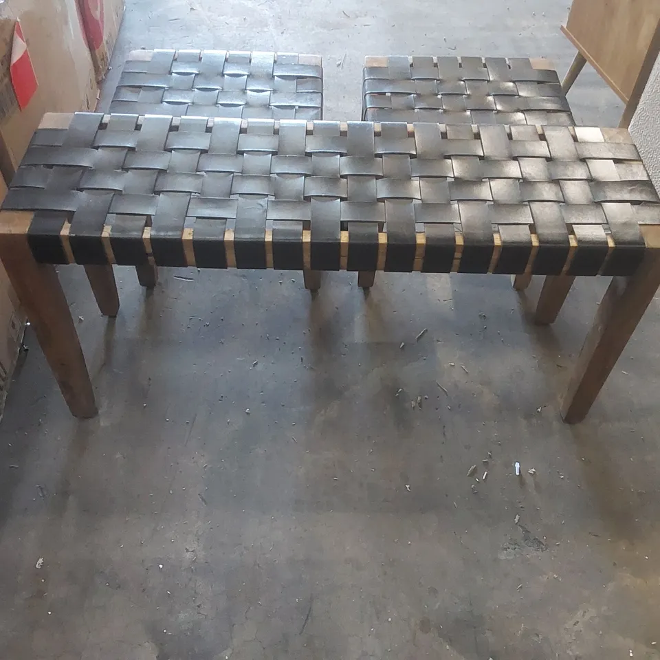 CLAUDIO S/3 BLACK LEATHER AND MANGO WOOD BENCH AND STOOLS