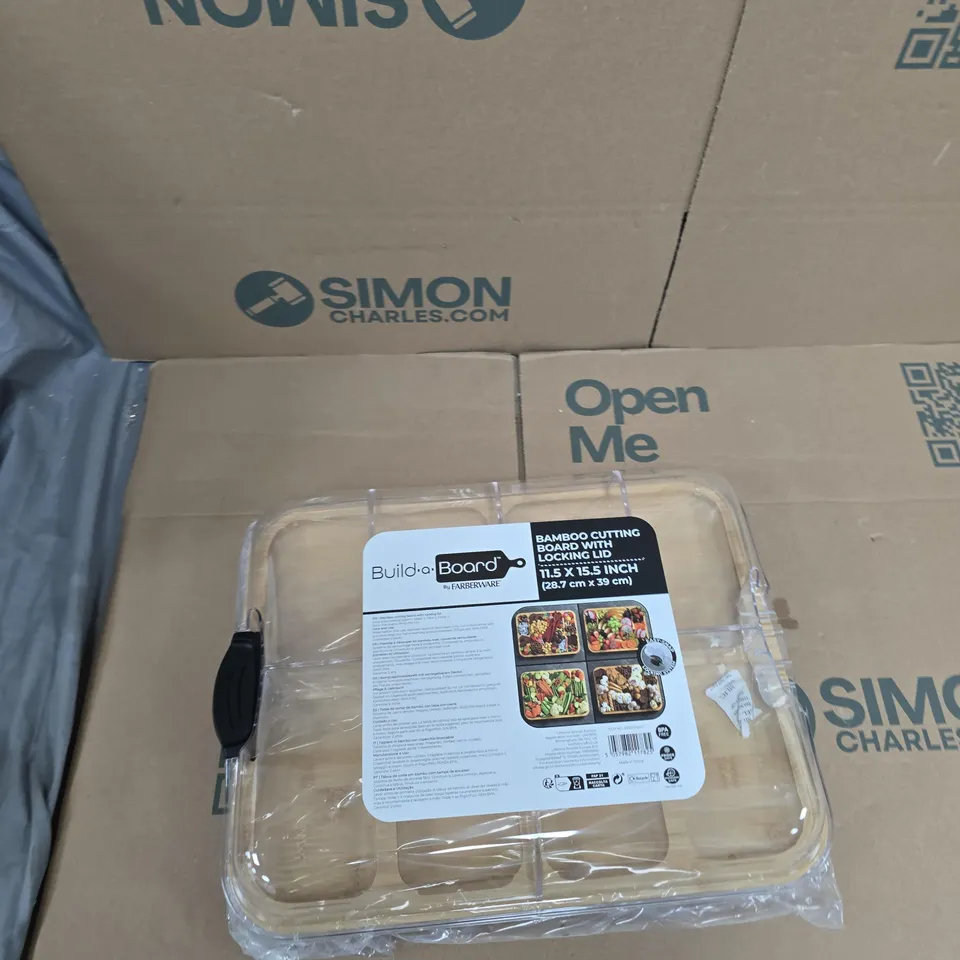 BOX OF APPROXIMATELY 14 ASSORTED ITEMS TO INCLUDE: BAMBOO CUTTING BOARD WITH LID 