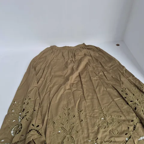 NOBODY'S CHILD SINTRA MIDI SKIRT – TAN WITH EMBROIDERED HEM, UK 10
