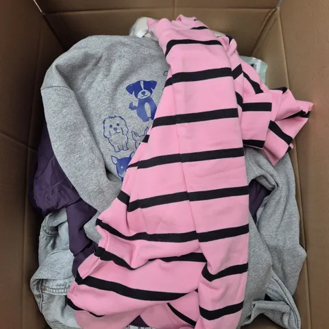 LARGE BOX OF ASSORTED CLOTHING ITEMS IN VARIOUS SIZES, STYLES AND COLOUR 