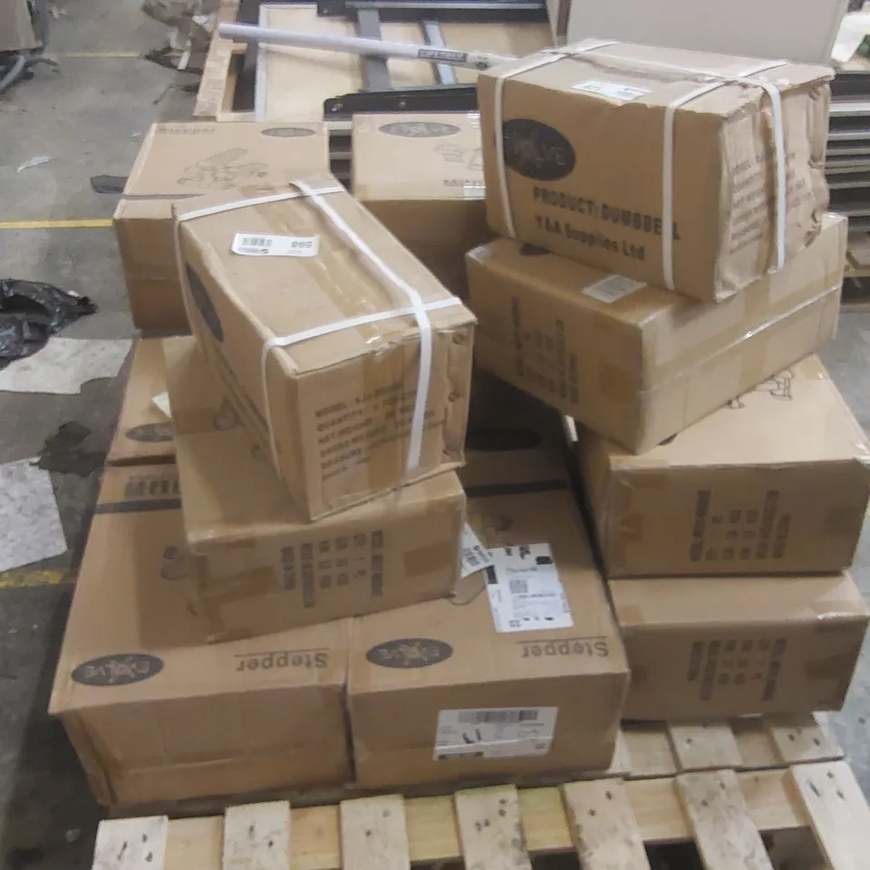 PALLET CONTAINING A LARGE QUANTITY OF ASSORTED EXERCISE EQUIPMENT INCLUDING: DUMBELLS, STEPPERS
