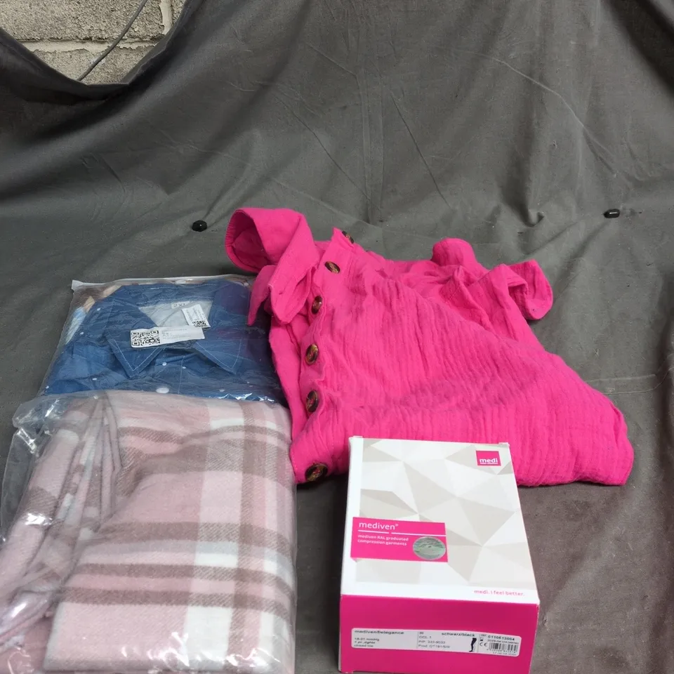 BOX OF APPROXIMATELY 20 ASSORTED CLOTHING ITEMS TO INCLUDE PINK BUTTON UP SHIRT, CHRISTMAS CLOTHES, SCARF, COMPRESSION GARMENTS ETC