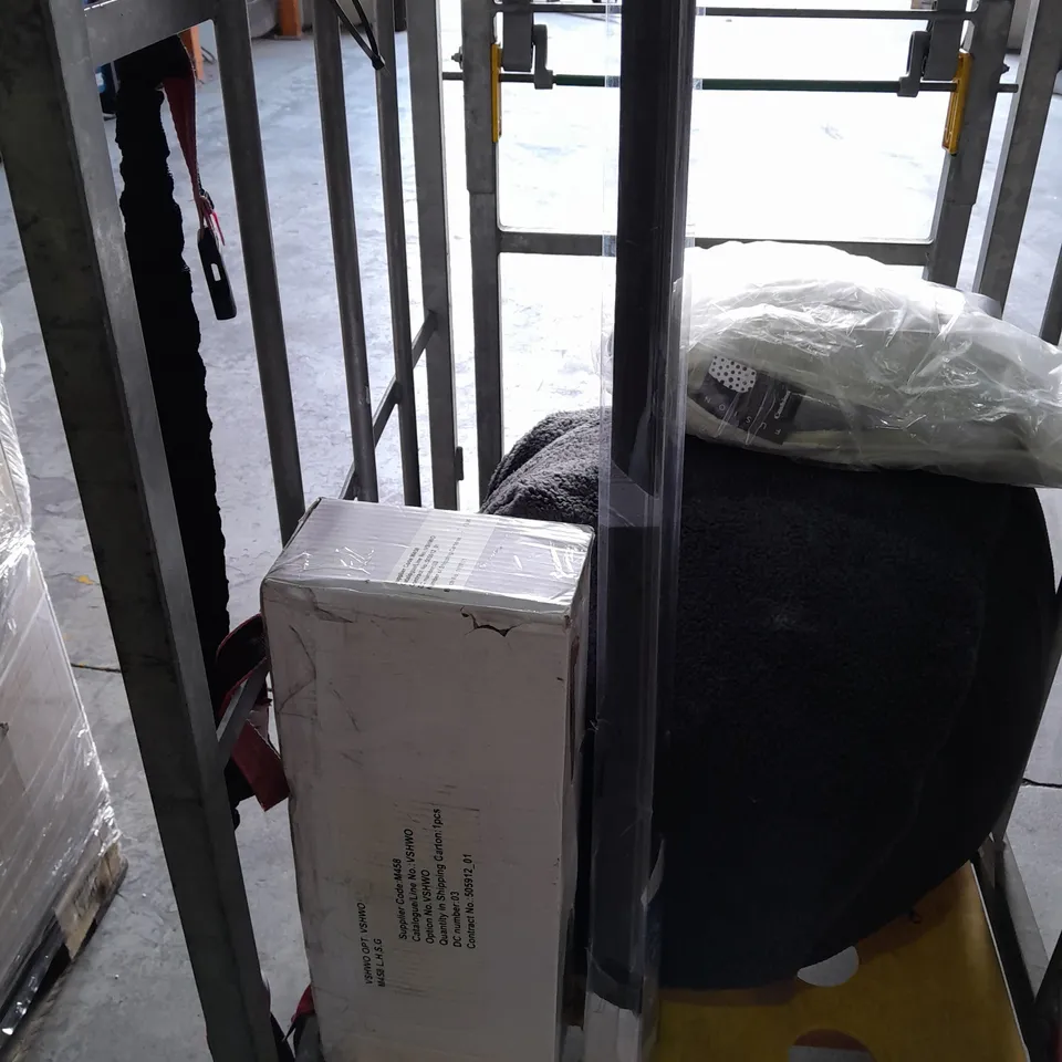 CAGE OF 12 ASSORTED ITEMS TO INCLUDE: BAG OF SOIL, 2 ROLLS OF WALLPAPER, BEAN BAG ETC