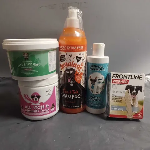 BOX OF APPROXIMATELY 15 ASSORTED PET ITEMS TO INCLUDE -BUGALUGS FLEA & TICK CONTROL SHAMPOO , FRONTLINE WORMER , DENTAL FORMULA WATER ADDITIVE ETC