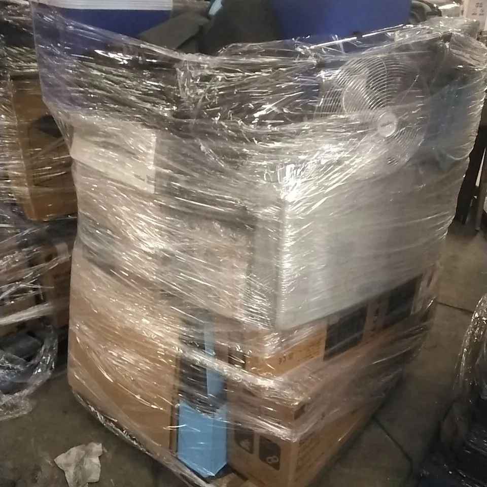 PALLET OF ASSORTED HOUSEHOLD GOODS AND PRODUCTS TO INCLUDE; OSCILLATING FAN, PARASOL BASE, COOLER, CAMPING WAGON ETC