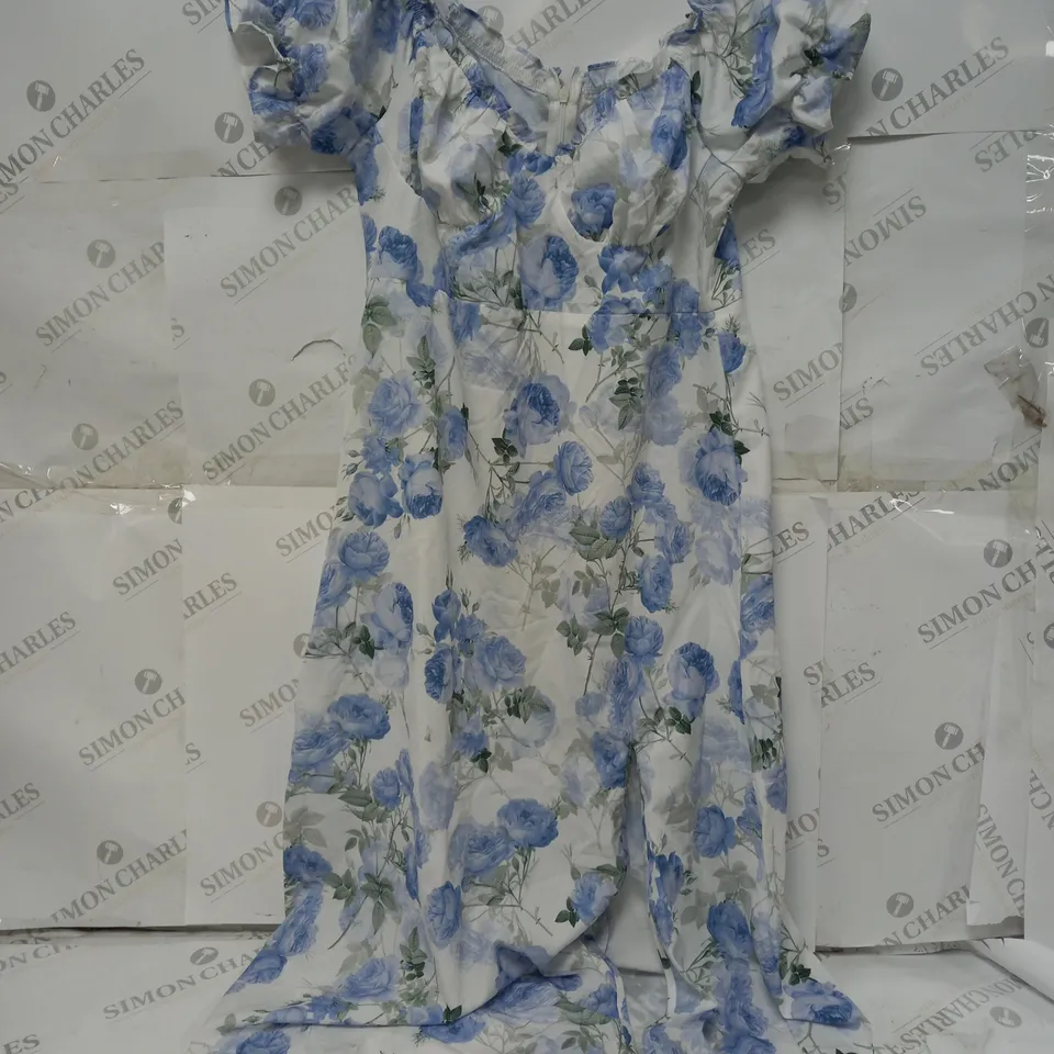 CIDER FLORAL DESIGN PUFFY SLEEVE DRESS IN BLUE/WHITE - LARGE