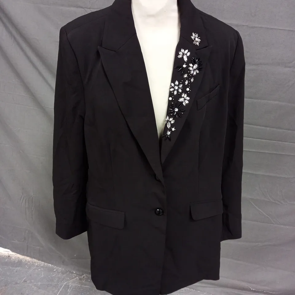 RUTH LANGSFORD BEADED COLLAR BLAZER BLACK SIZE 16