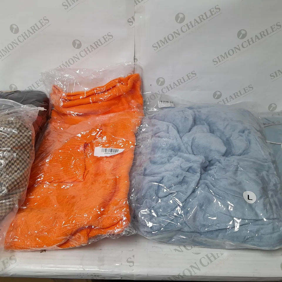LARGE BOX OF ASSORTED CLOTHING ITEMS IN VARIOUS COLOURS AND SIZES INCLUDING TROUSERS , TOPS AND JUMPERS 