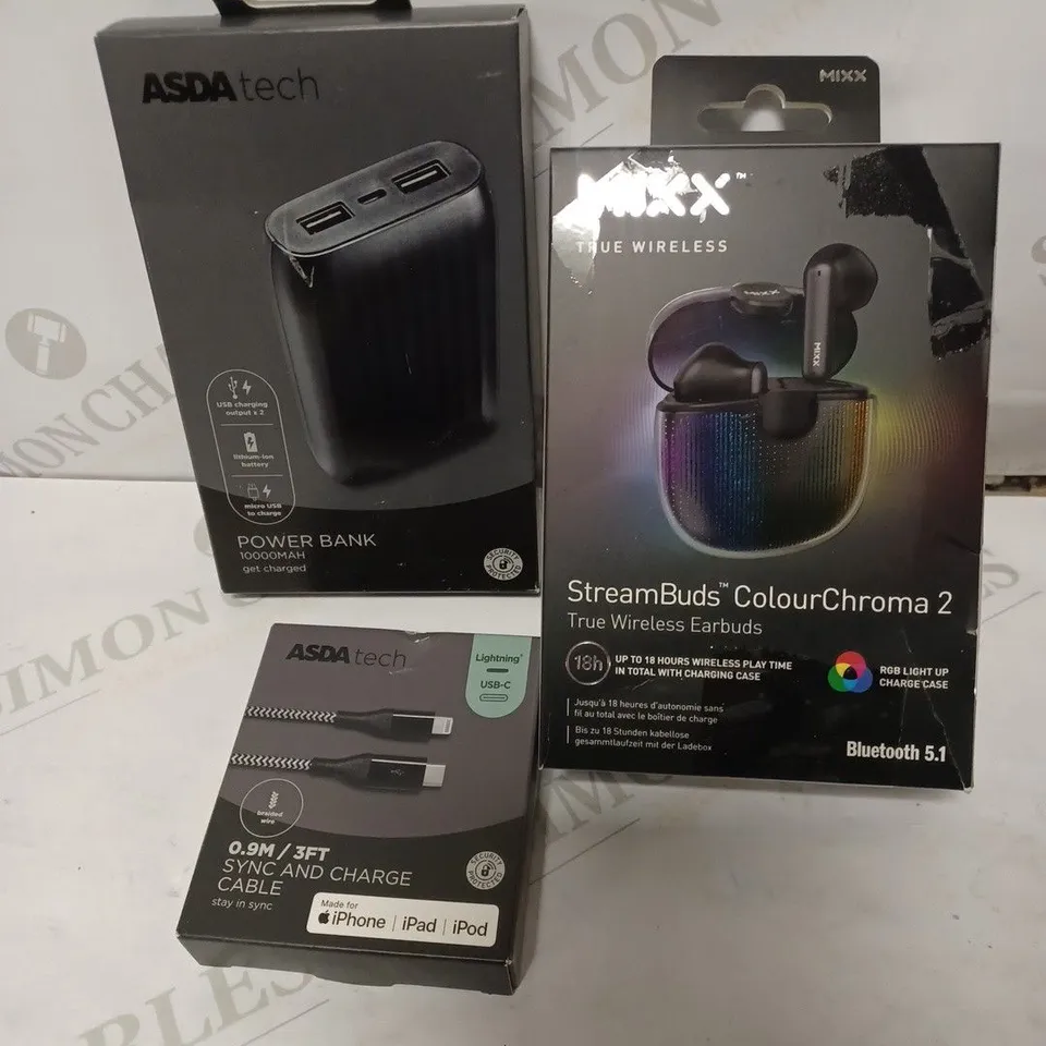 LOT OF THREE TO INCLUDE POWER BANK , WIRELESS EARBUDS ETC