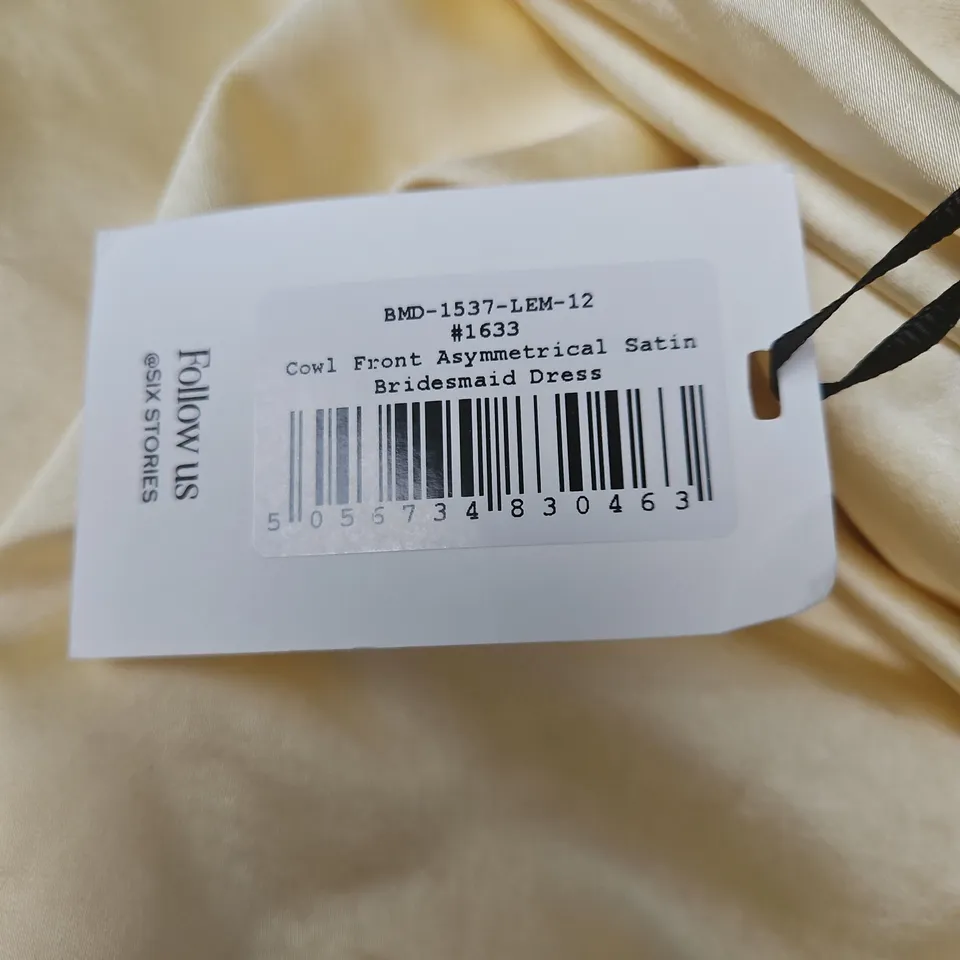 BRIDESMAID DRESS – SATIN, COWL FRONT, ASYMMETRICAL – CHAMPAGNE (BMD-1537-LEM-12) SIZE 12