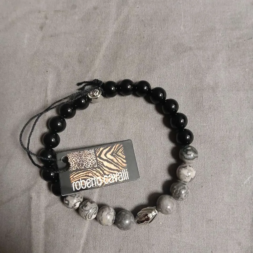 ROBERTO CAVALLI BEADED BRACELET – BLACK & GREY MARBLE BEADS