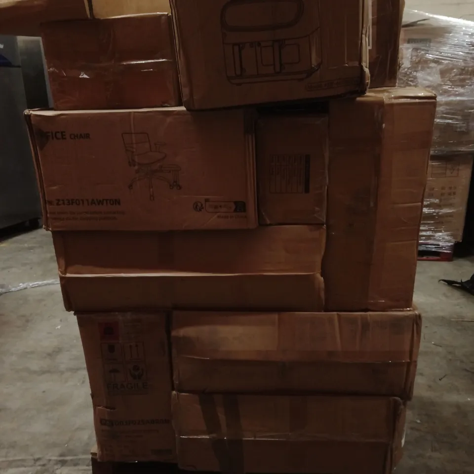 PALLET OF ASSORTED BOXED PRODUCTS AND ITEMS TO INCLUDE;OFFICE CHAIRS,AIR FRYER,HAMMOCK CHAIR STAND,SHELVING UNIT