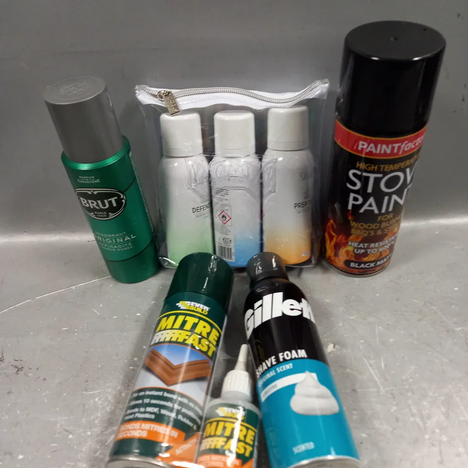 APPROXIMATELY 15 ASSORTED AEROSOLS TO INCLUDE GILLETTE SHAVING FOAM, STOVE PAINT, BRUT BODYSPRAY ETC - COLLECTION ONLY 