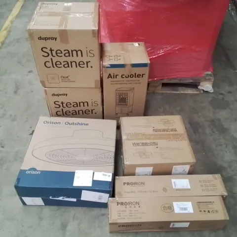 PALLET OF ASSORTED ITEMS TO INCLUDE: DUPRAY STEAM CLEANERS, AIR COOLER, SMART CEILING LIGHT, CEILING LAMP,  YOGA MATS ECT