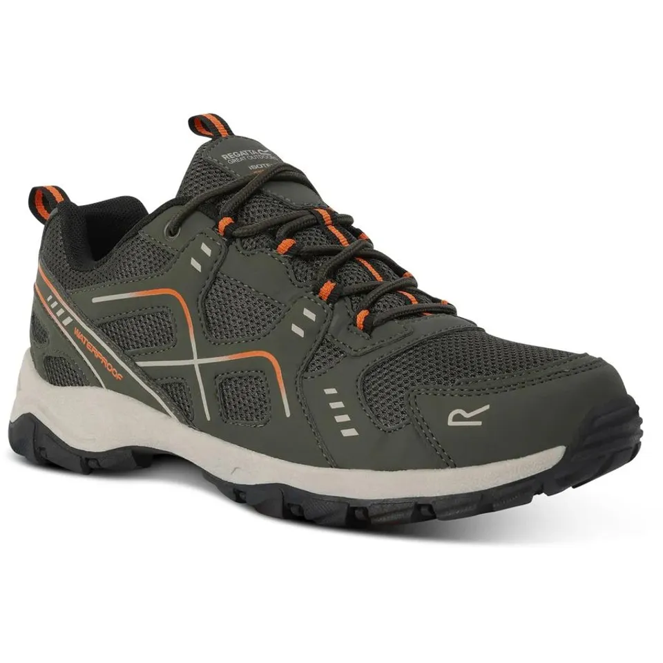 BRAND NEW BOXED REGATTA MEN'S VENDEAVOUR WATERPROOF WALKING SHOES DARK KHAKI/BLAZE ORANGE SIZE 10