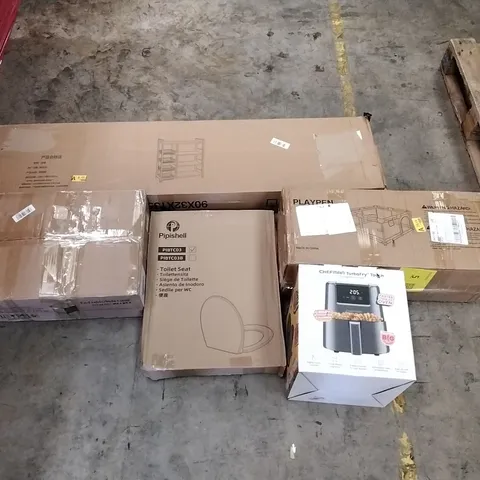 PALLET OF ASSORTED ITEMS TO INCLUDE: AIR FRYER, END TABLE, SHELVES, PLAYPEN, TOILET SEAT ECT