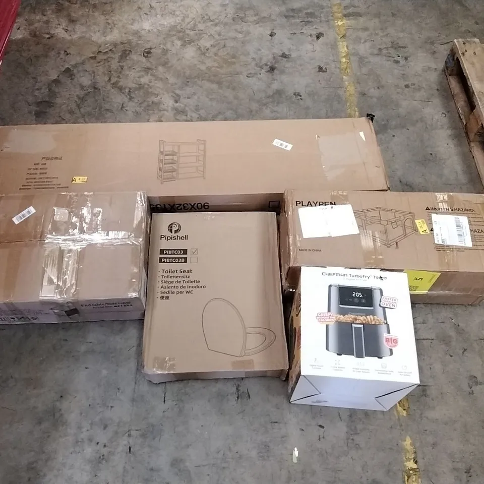 PALLET OF ASSORTED ITEMS TO INCLUDE: AIR FRYER, END TABLE, SHELVES, PLAYPEN, TOILET SEAT ECT