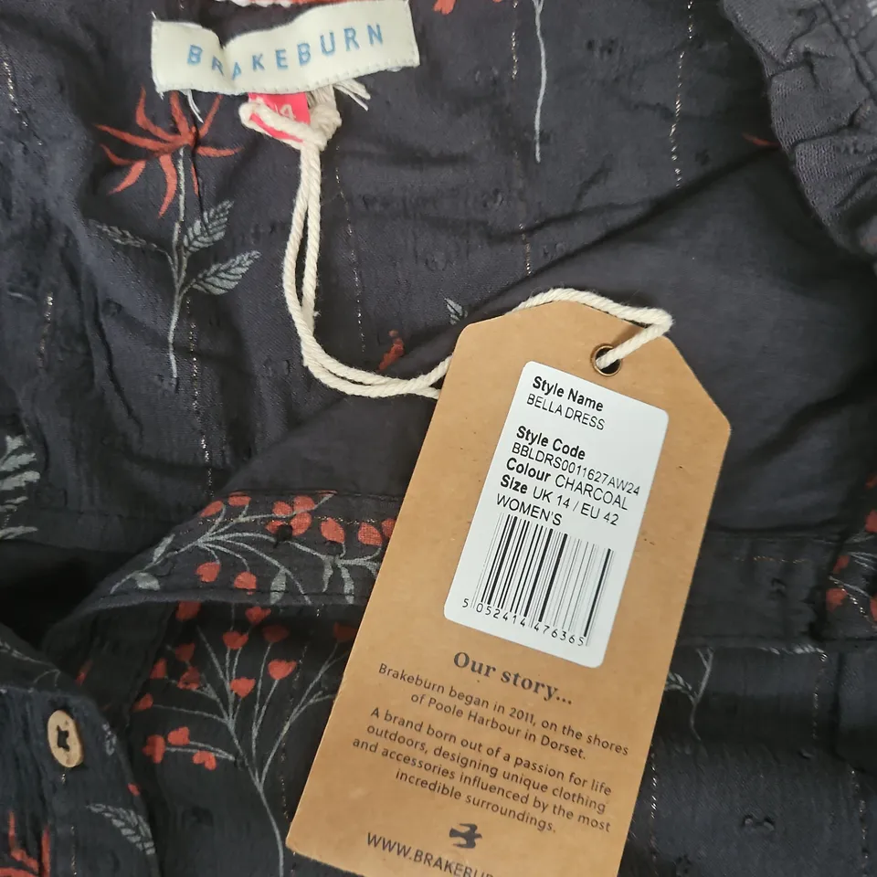 BRAKEBURN BELLA DRESS – CHARCOAL WITH FLORAL PRINT, WOMEN'S UK 14