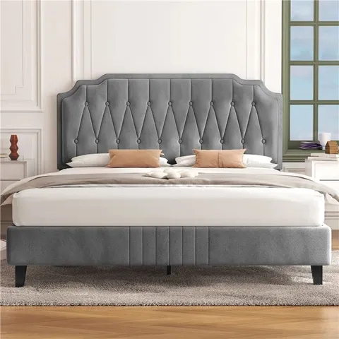 BOXED YAHEETECH UPHOLSTERED BED FRAME WITH HEIGHT ADJUSTABLE HEADBOARD - GREY // SIZE: 4'6" DOUBLE (2 BOXES)