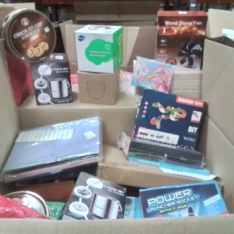 PALLET CONTAINING 6 LARGE BOXES CONTAINING TODDLER ACTIVITY BALL, ICE BICKET, COOKIES, KIDS ROCKET ECT