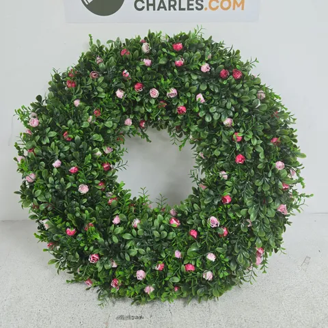 ARTIFICIAL GREENERY WREATH WITH PINK ROSE ACCENTS – ROUND GARDEN/INDOOR DECORATION