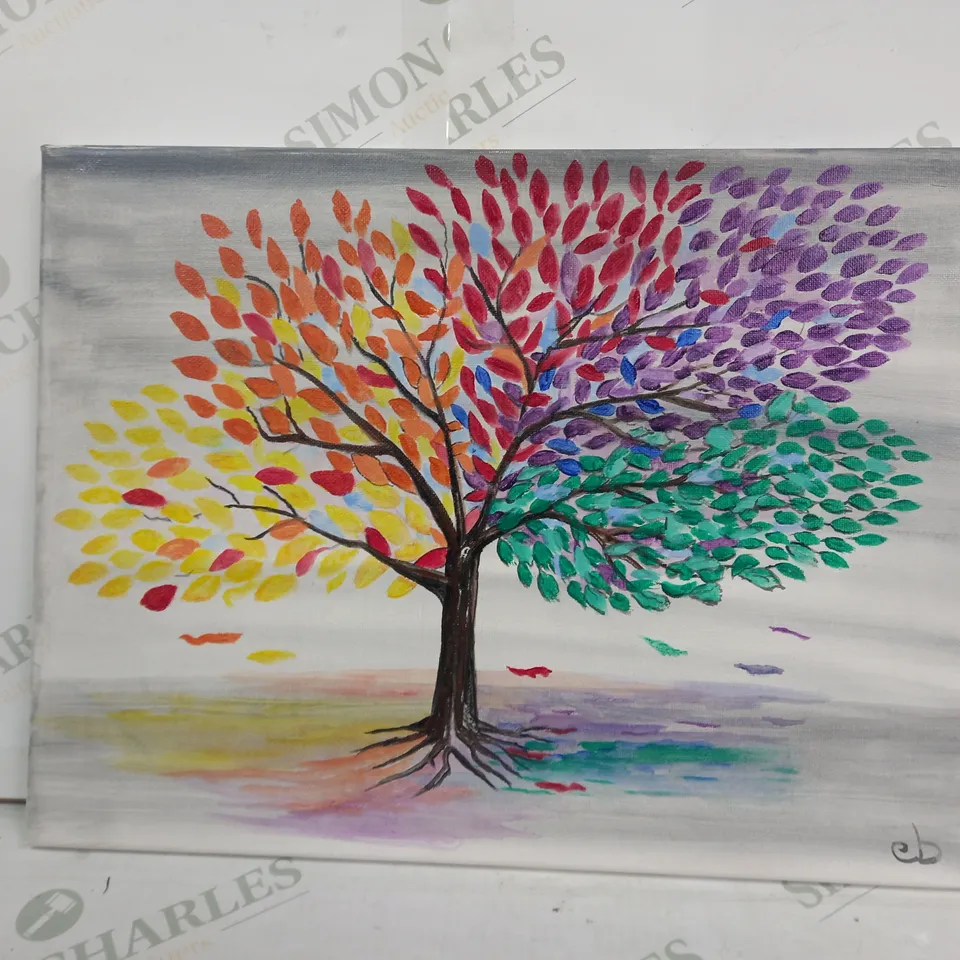 SIGNED CANVAS ART PAINTING OF A TREE WITH MULTICOLOUR LEAVES