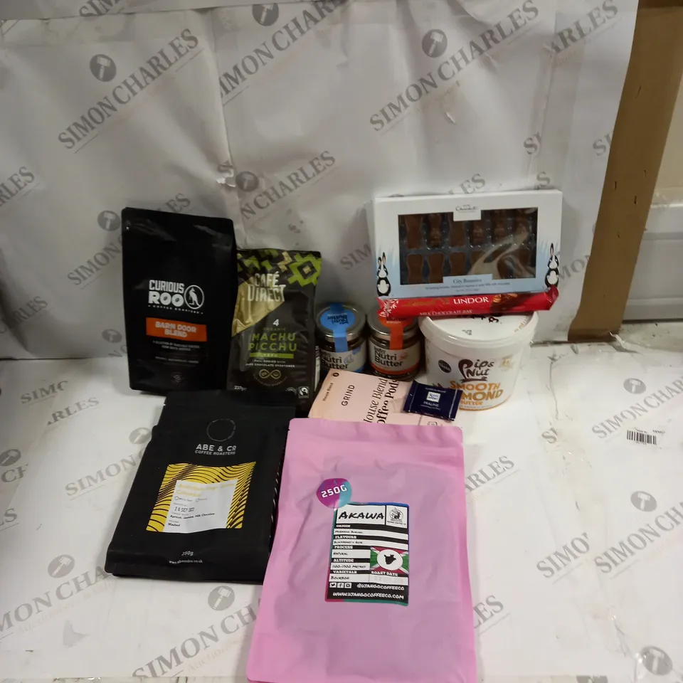 BOX OF ASSORTED FOOD & DRINK TO INCLUDE HOTEL CHOCOLAT, LINDOR, ABE & CO, GRIND ETC 