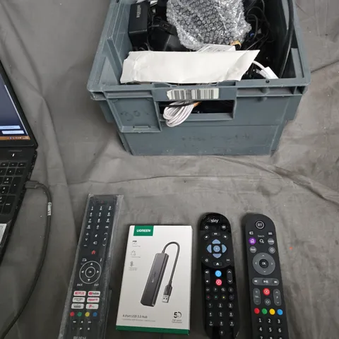 APPROXIMATELY 10 ITEMS OF UGREEN 4-PORT USB 3.0 HUB WITH ACCESSORIES, BUSH REMOTE AND REMOTES – MIXED ELECTRONICS.